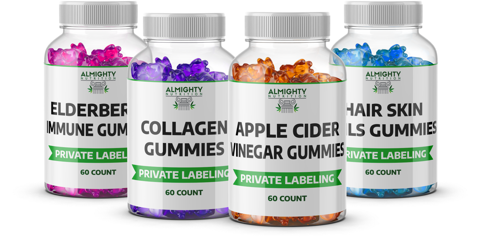Examples of Custom Gummy Packaging available from Almighty Nutrition
